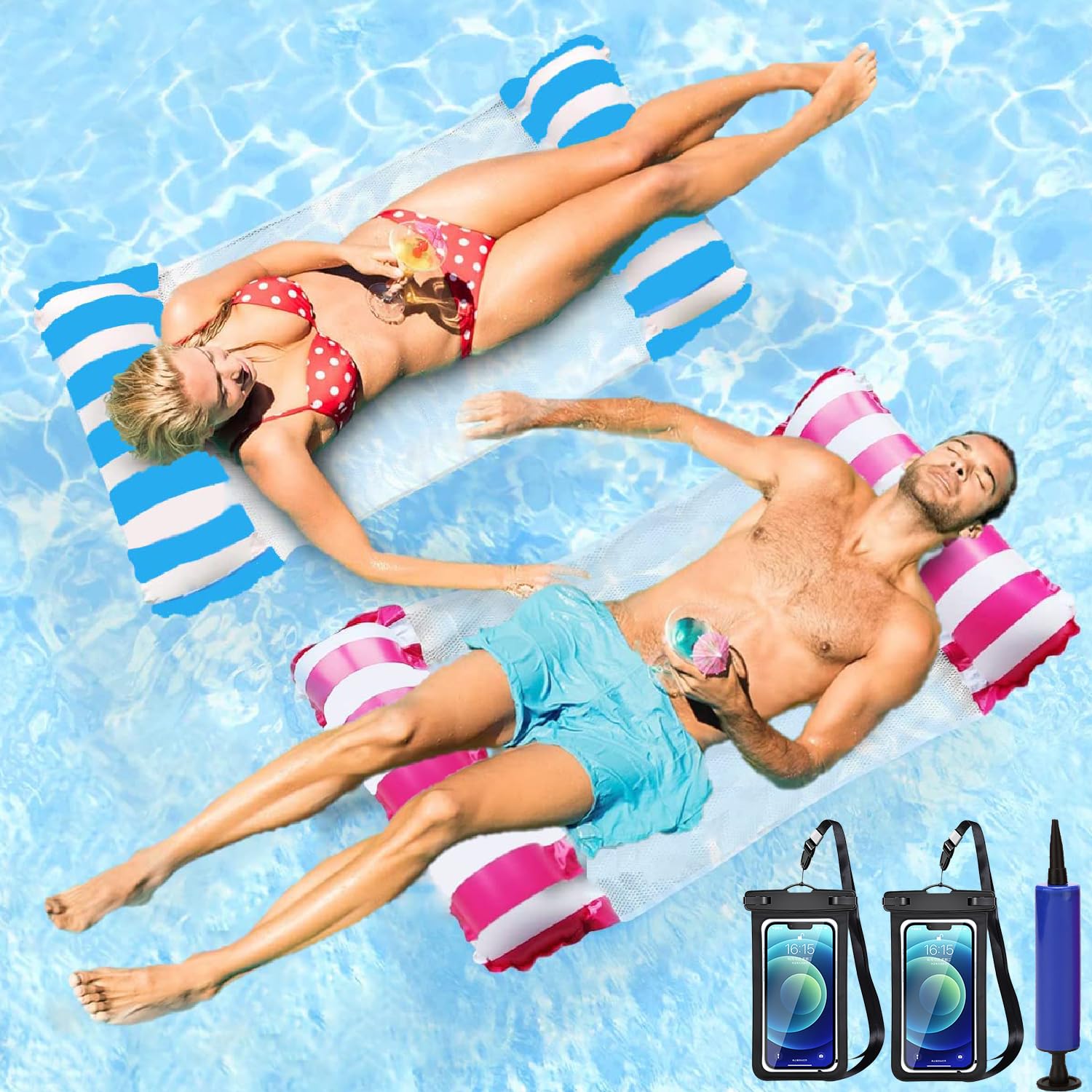 2 Packs Inflatable Pool Floats Hammock,4 in 1 Swimming Pool Hammock Water Hammock, Portable Pool Float Lounge Chair Inflatable Pools Tub Beach Summer with Pump for Adults (Blue+Rose red)