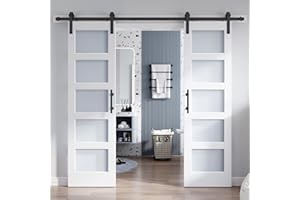 ROYMELO Double 24×84 Inch Glass Barn Door Slab and 8ft Hardware Kit Included, 5 Frosted Glass, LVL Wood Panel Covered with White Water-Proof Scratch-Proof PVC Surface, Simple DIY Assembly