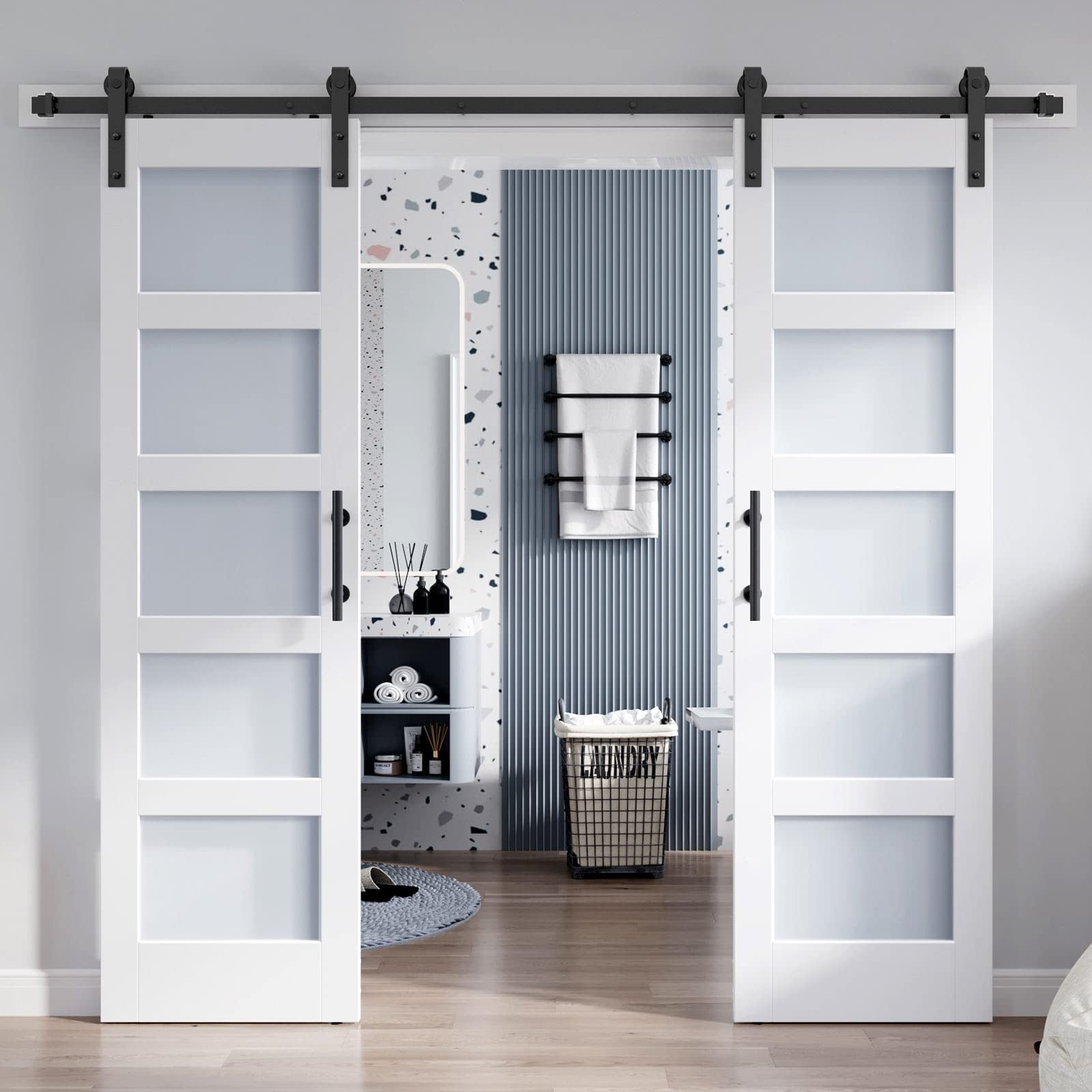 Photo 1 of ROYMELO Double 24×84 Inch Glass Barn Door Slab and 8ft Hardware Kit Included, 5 Frosted Glass, LVL Wood Panel Covered with White Water-Proof Scratch-Proof PVC Surface, Simple DIY Assembly