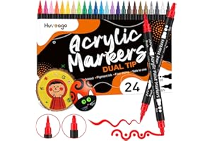 Huvoago 24 Colors Acrylic Paint Pens, Dual Tip Paint Markers With Dot Tip and Brush Tip for Rock Painting, Ceramic, Wood, Plastic, Glass, Art Supplies Permanent Markers Pens for Kids, Adults