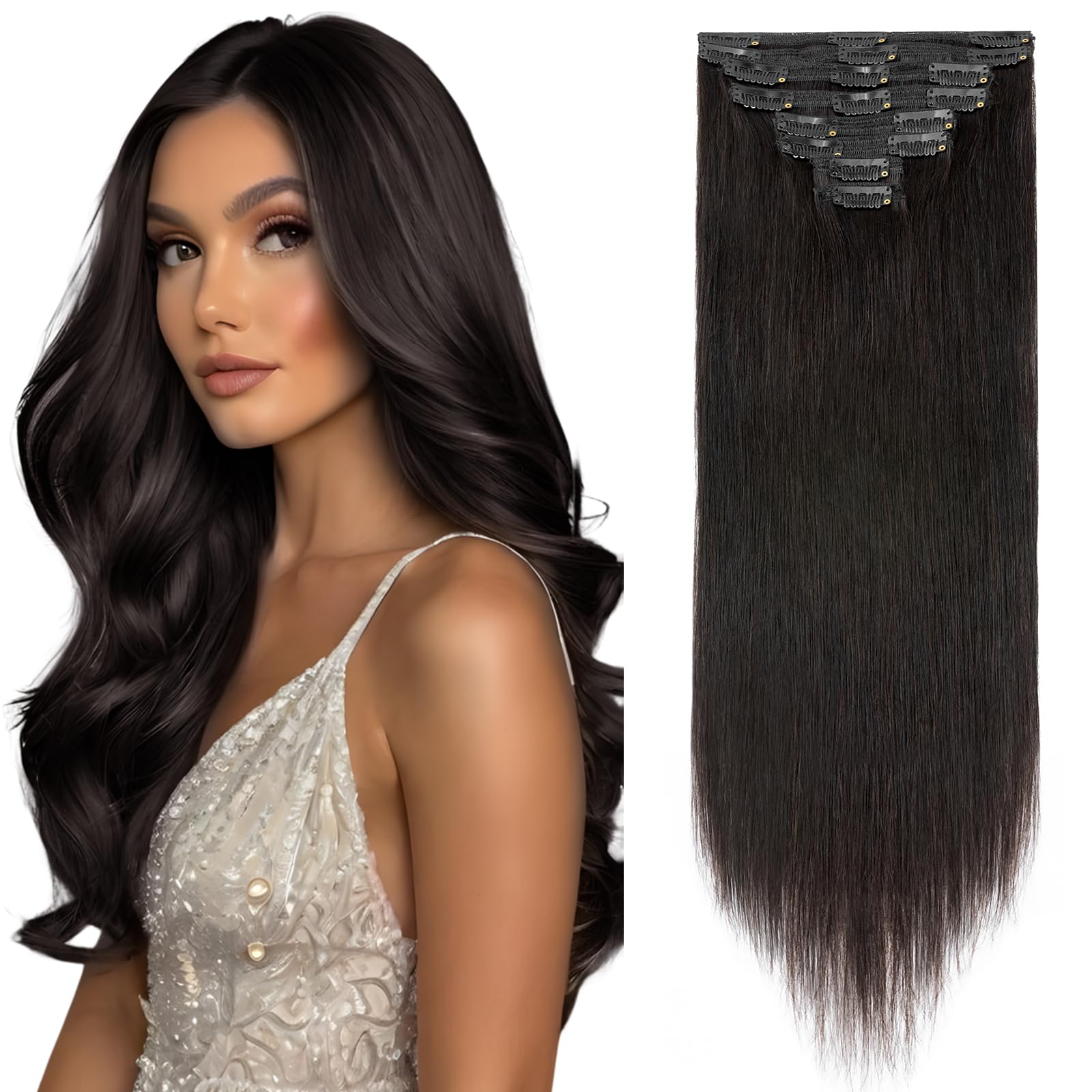 Elailite Clip in Hair Extensions Real Human Hair Double Weft Thick Remy Natural Hair Blonde - 8 Pieces Full Head Straight (18"-140g, #1B Natural Black) โ image 1