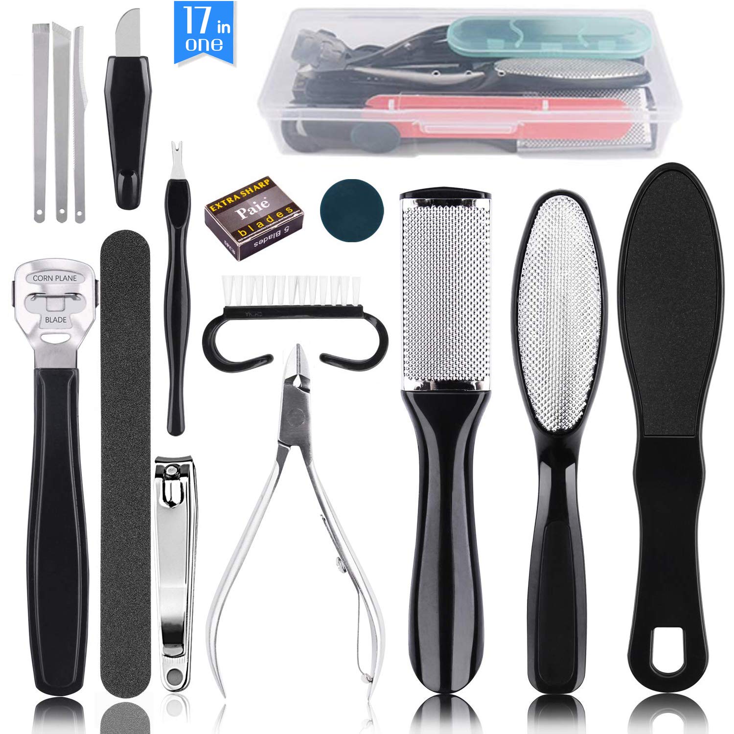 Professional Pedicure Kit(17in1), Stainless Steel Foot File Exfoliating Prevent Clean Dead Skin Tool Kit, Nail Toenail Clipper Foot Care Kit for Men, Women, Salon, Home (Black) : Beauty