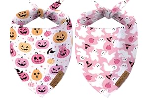 ORITASY Halloween Dog Bandanas for All Dogs (2-Pack Triangle Reversible Pet Scarves) (Smile Pumpkin Boo) Premium Fabric Holidays Bandana, Pink Large Z