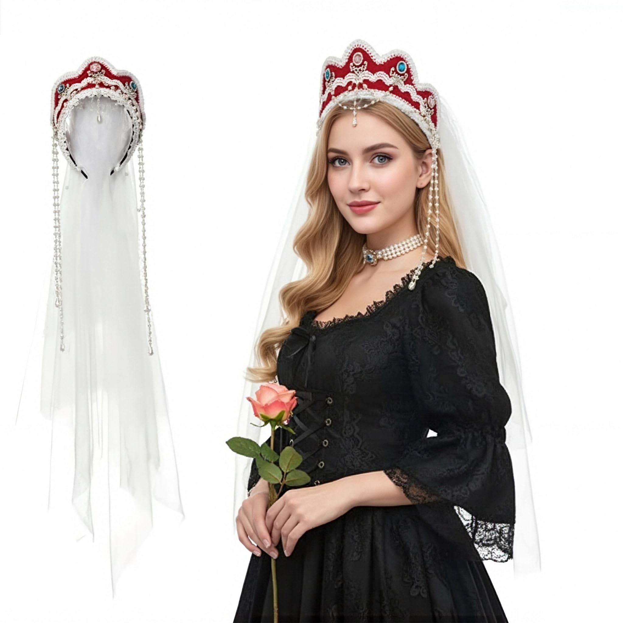 FAD-4U Anne Boleyn Hat Tudor Gable Hood Cap Elizabethan Headwear Renaissance Costume Headdress for Women Cosplay Party (Red-59, One Size)
