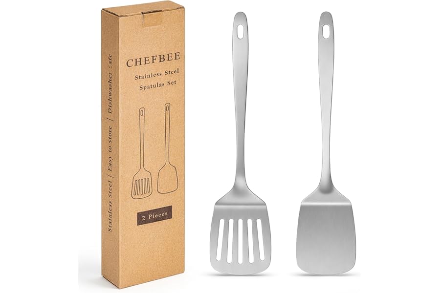 ChefBee 2PCS Metal Spatula Set - Stainless Steel Spatula Solid & Slotted Turner Flipper for Kitchen Use, Heat Resistant Kitchen Cooking Utensils for Flipping Fish, Eggs, Pancakes, Dishwasher Safe