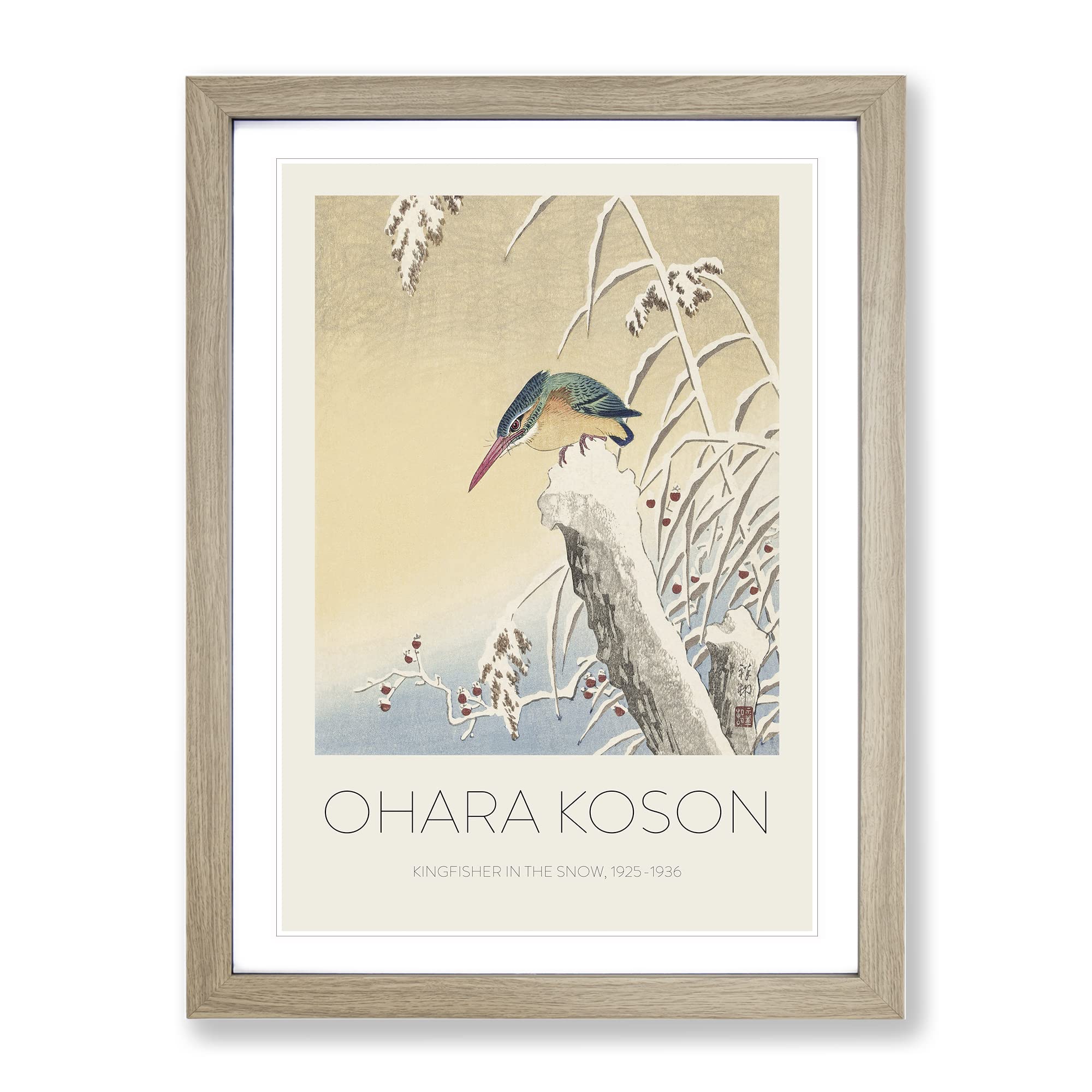Kingfisher In The Snow By Ohara Koson Exhibition Museum Asian Japanese Framed Wall Art Print, Ready to Hang Picture for Living Room Bedroom Home Office Décor, Oak A4 (34 x 25 cm)