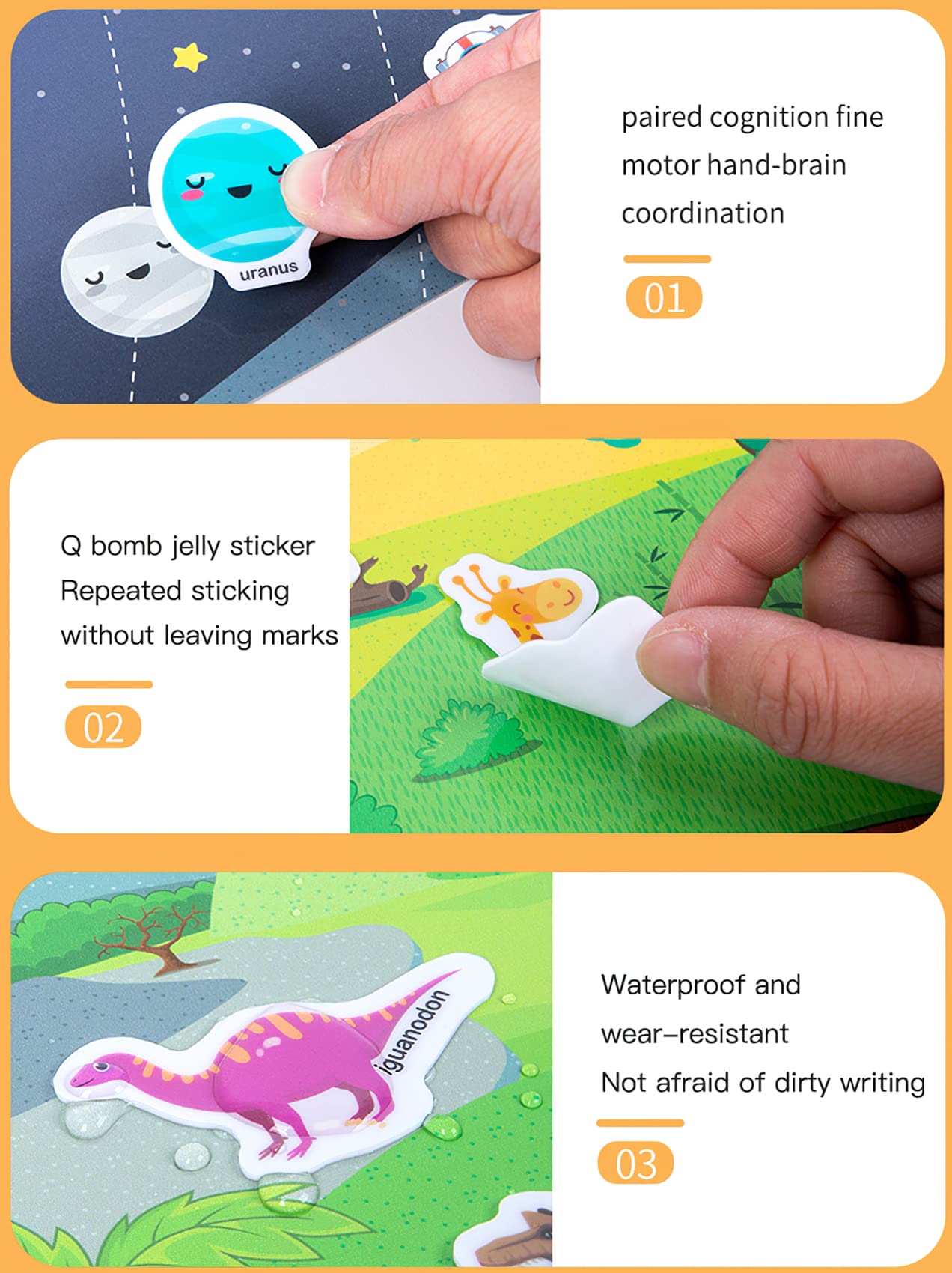 MIKNEKE 6 Pack Jelly Reusable Sticker Books for Toddlers 1-3 2-4 Years, Portable Travel Toys Sticker Activity Book for Kids 2 3 4 Year Old Girls Boys, Animal Insect Dinosaur Ocean Space Car