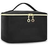 JINSI Small Makeup Bag Travel Cosmetic Bag Toiletry Zipper Pouch Make Up Organizer Bag with Handle Purse for Women Soft PU Leather Skincare Case (L02-Black)