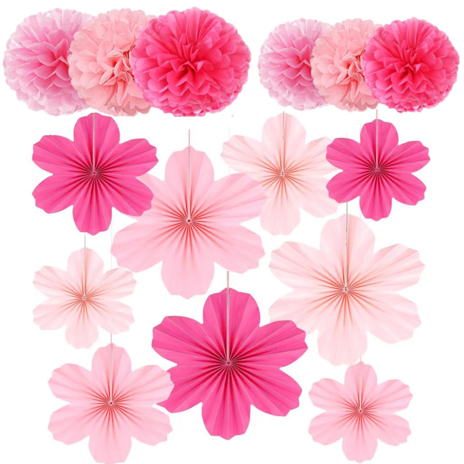 Photo 1 of 15PCS Pink Party Dressing Set, Tissue Paper Pom Poms Decorations and Hanging Pastel Flower Fan Suitable for Grad Birthday Wedding Party Wall Ceiling Decoration
