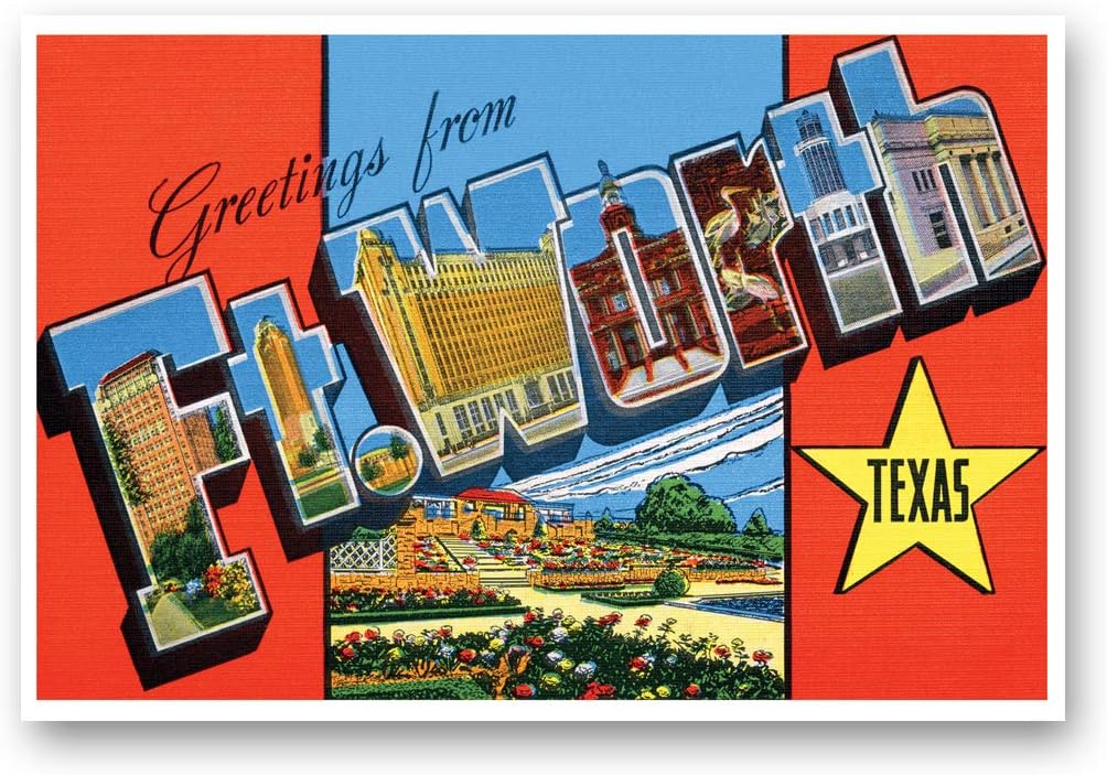 GREETINGS FROM FT. WORTH, TX vintage reprint postcard set of 20 identical postcards. Large Letter Fort Worth, TX city name post card pack (ca. 1930's-1940's). Made in USA.