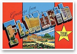 GREETINGS FROM FT. WORTH, TX vintage reprint postcard set of 20 identical postcards. Large Letter Fort Worth, TX city name post card pack (ca. 1930's-1940's). Made in USA.