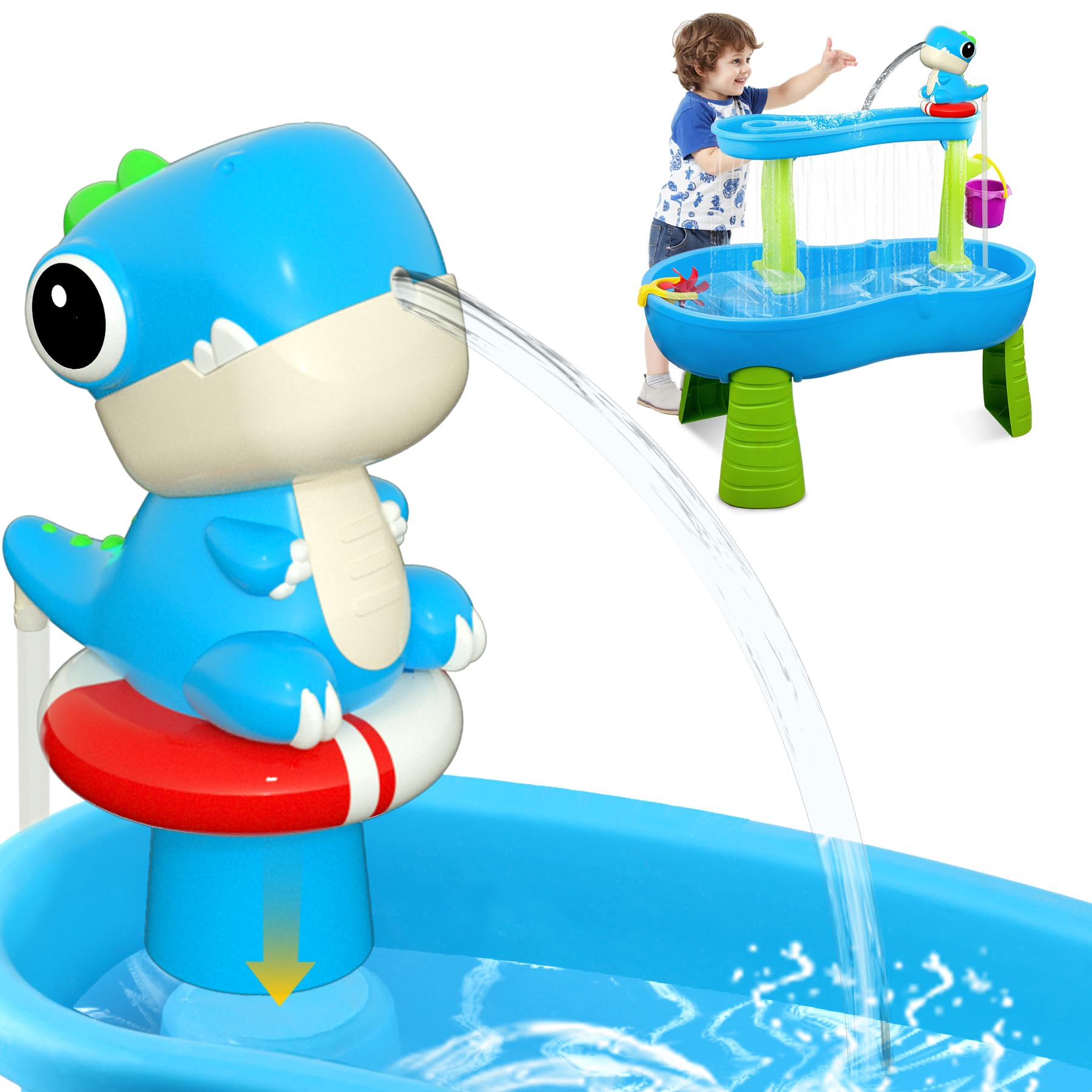 Photo 1 of JatlnnPola Water Table Pump Continuous Flow – Dinosaur Rechargeable Battery Powered Water Pump for Water Table Accessories – Summer Outdoor Water Play Toys for Kids Outside (Blue)