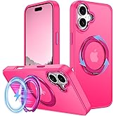 v-Golvin Strong Magnetic for iPhone 16 Plus Case with Stand,Fit for MagSafe,360°Rotatable Ring Designed,Translucent Matte Texture Protective Military Grade Shockproof,Hot Pink
