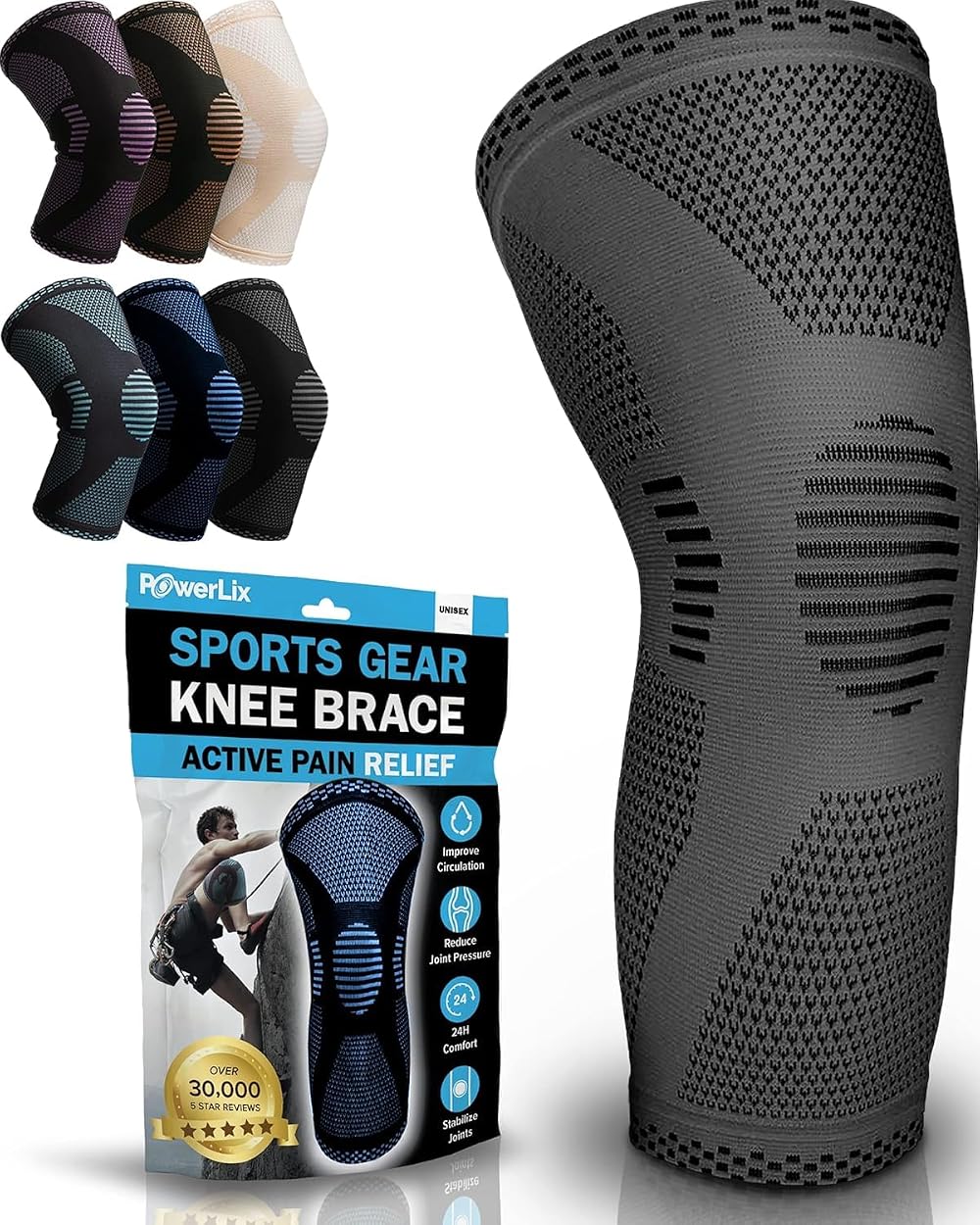 POWERLIX Knee Support for Men Women - Compression Sleeve Gray Small
