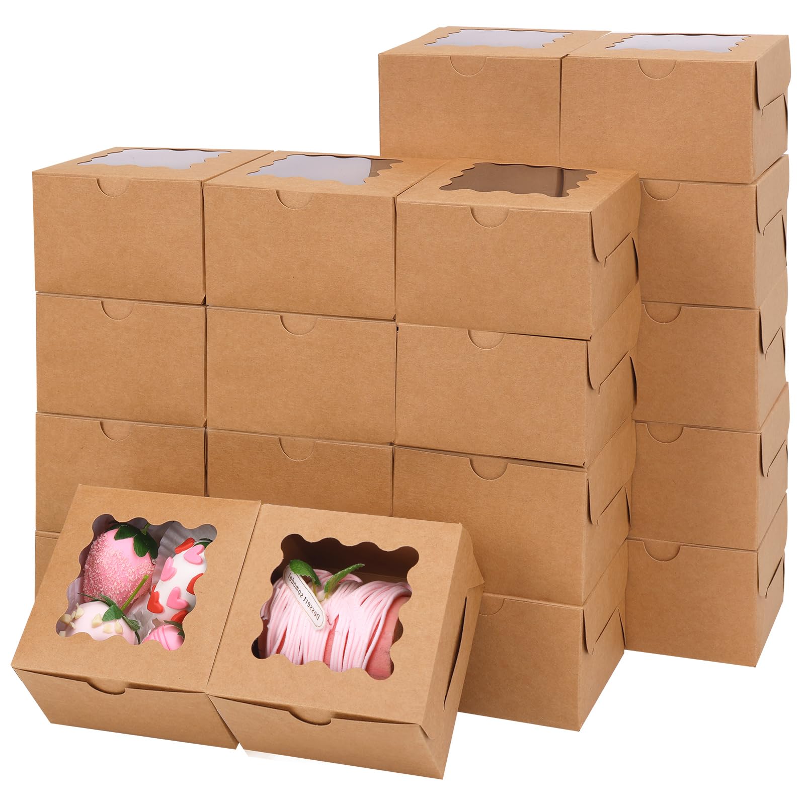 View 1 of Moretoes 24pcs Bakery Boxes with Window, 4x4x2.5 Inches Brown Cookie Boxes for Small Pastries, Cookies Treats and Desserts