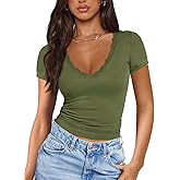 Imily Bela Womens Sexy V Neck T Shirts Summer Lace Short Sleeve Slim Fit Y2k Going Out Crop Tops