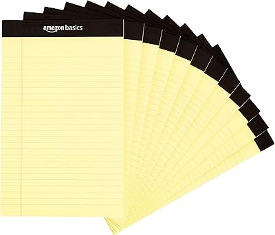 Amazon Basics 50-Sheet Narrow Ruled Lined Writing Note Pad, 5" x 8", 12-Pack, Canary, Perforated