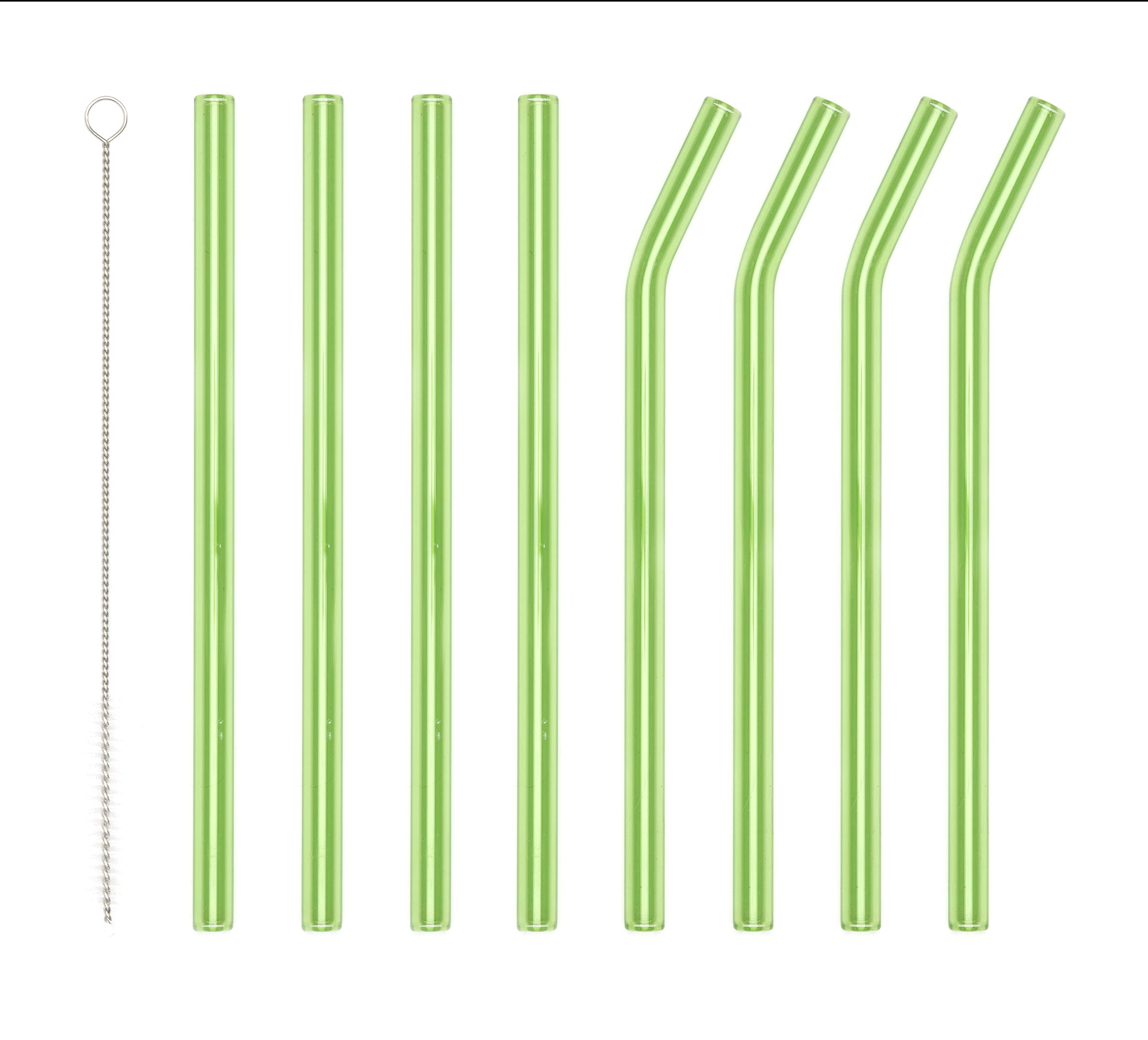 Reusable green glass drinking straws with a cleaning brush - 4 curved and 4 straight glass straws for cocktail, smoothie milkshake or tea - environmentally friendly, healthy.