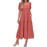 PRETTYGARDEN Women's Summer Dresses 2026 Puff Sleeve Square Neck High Waist Smocked A-Line Flowy Loose Fit Midi Dress
