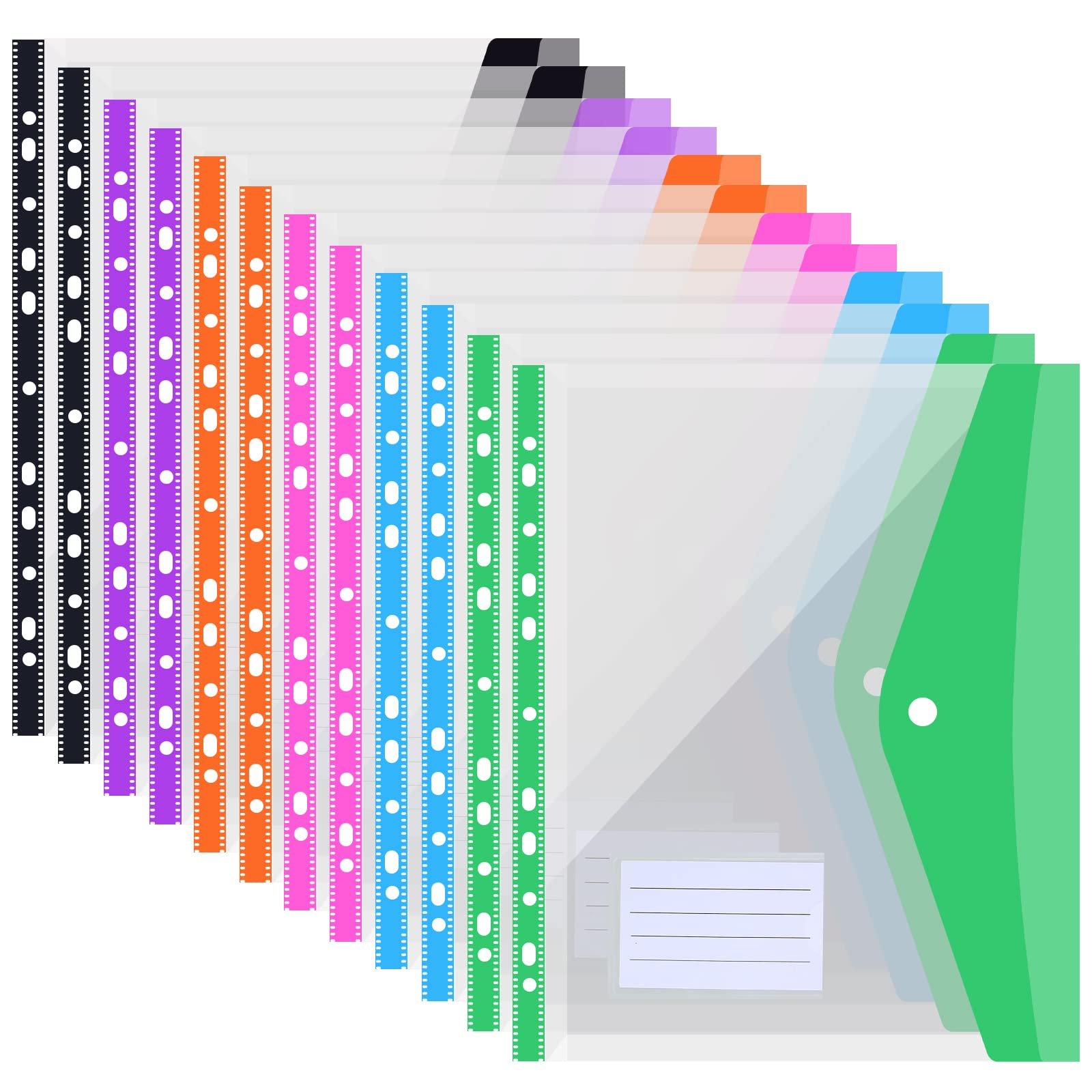 SOYIRI 12 Pack Punched Pockets A4 Plastic Wallets,Expandable 11 Holes Binder Pocket,Envelope File Folders with Snap Button and Label Pocket for School Home Office,6 Colours