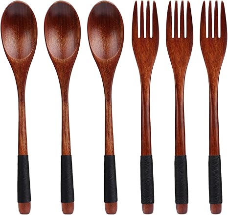 Amazon De Tsunnee Naturlich Holzern Loffel Gabel Set Lange Griff Japanisch Stil Besteck Set Zum Camping Draussen Kuche Kochen Abendessen Geschirr 6 Stuck