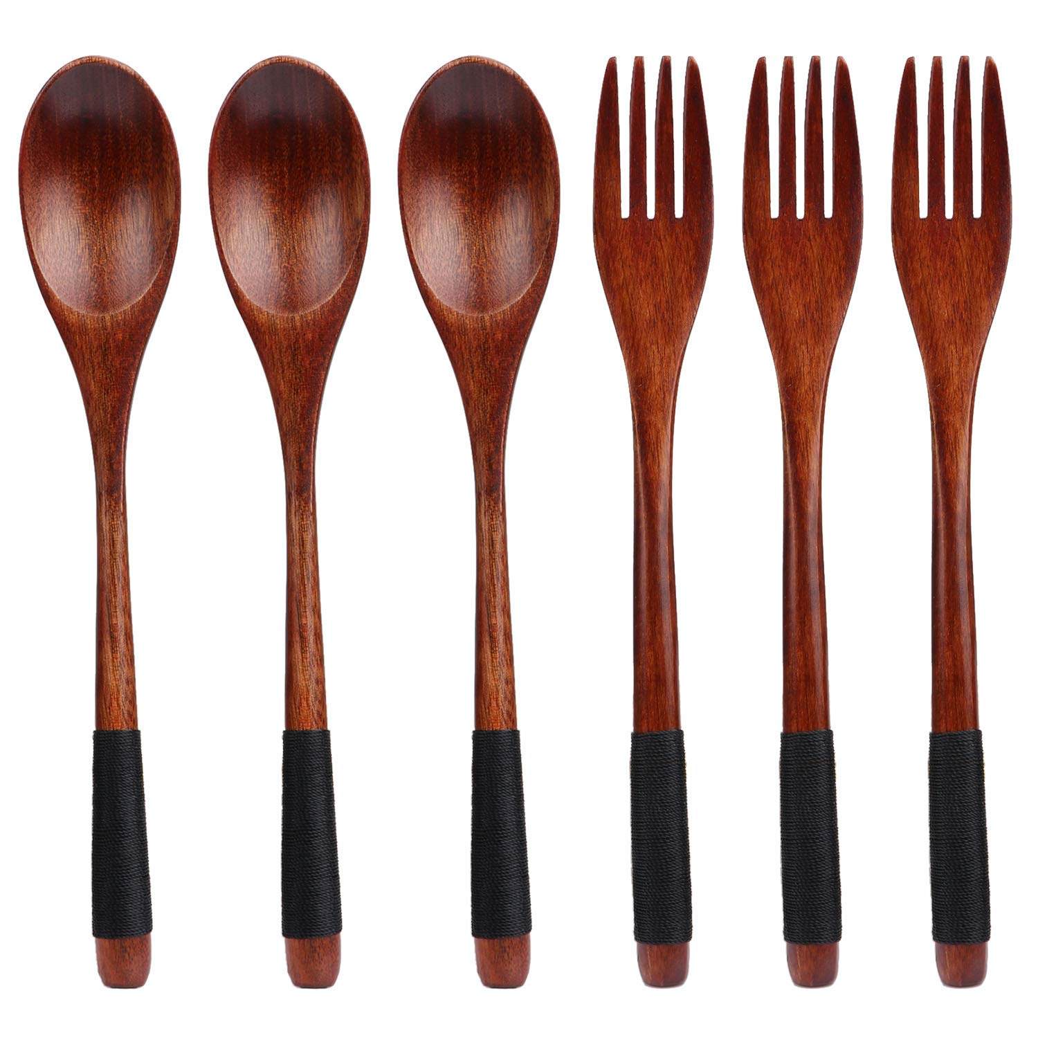 TsunNee Natural Wooden Spoon Fork Set, Long Handle Janpanese Style Cutlery Set for Camping Outdoor Kitchen Cooking Dinner Tableware, 6 Pieces