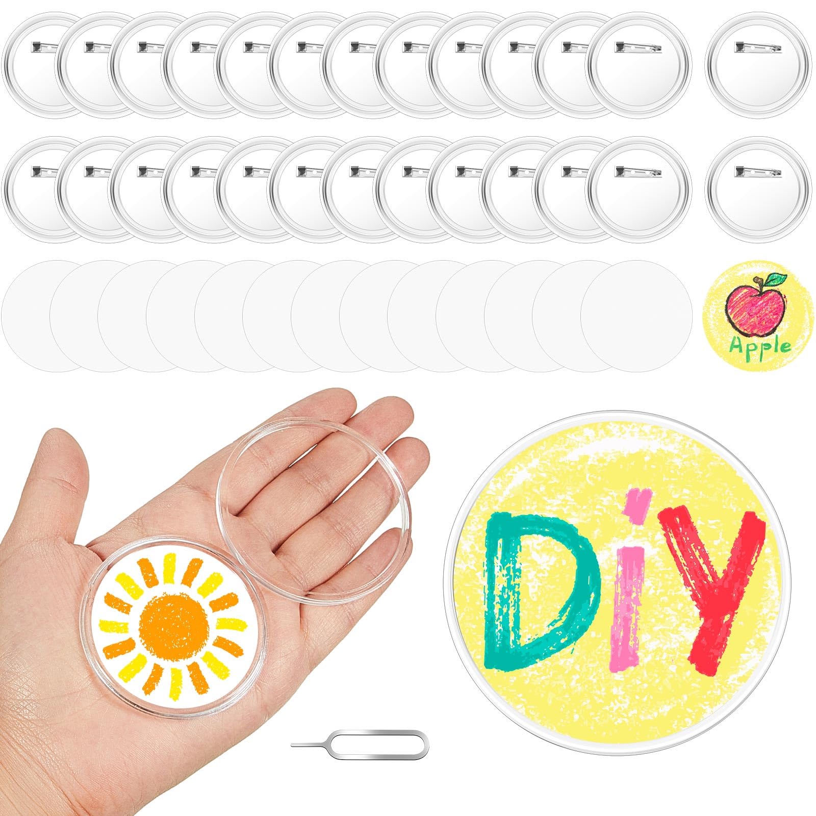 Photo 1 of XunYee 25 Set Clear Button Maker Acrylic Blank Pins Bulk for Making DIY Photo Badges, Halloween Party Favors, Crafts, Costumes & Gifts with Pin, Blank Paper and Card Removal Tool (2.28 Inch)