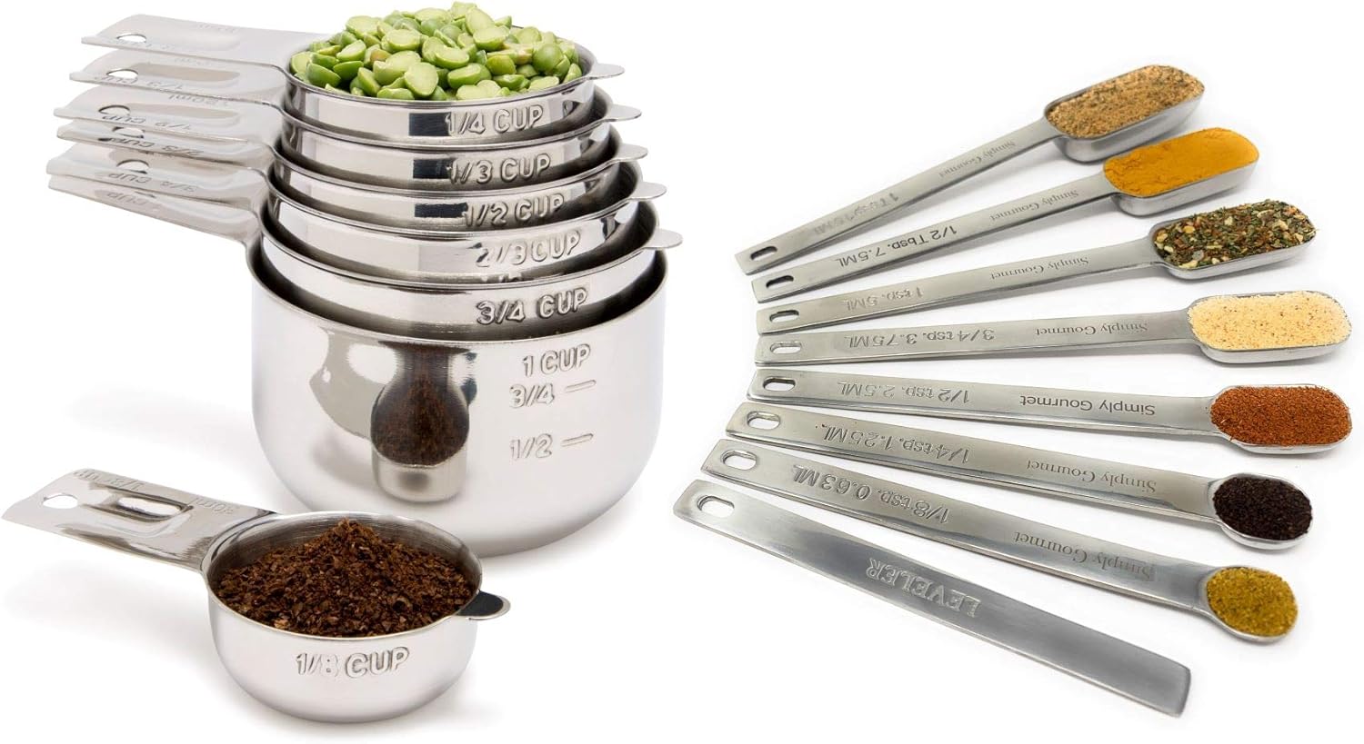 Measuring Cups and Spoons Set by Simply Gourmet. Premium Set of 15 Stainless Steel Measuring Cups and Spoons with level. Includes 7 Engraved Metal Measuring Cups and 7 Spoons Plus Level