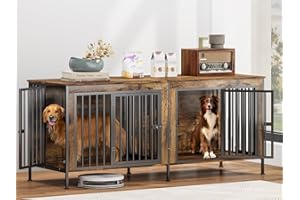 DOCAGT 63 Inch Dog Cage Furniture for 2 Large/Medium Dogs with Removable Divider, Extra Large Double Doors Dog Kennel, XXL Thick Wooden Dog cage Furniture, Durable and Sturdy, Brown