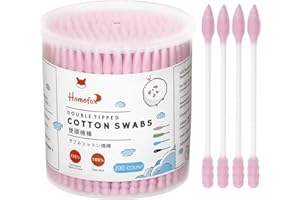 HOMEFOX Pink Cotton Swabs Spiral Pointed - 200 Count Organic Cotton Buds Double Side Tightly Wrapped Precision Cotton Tips Paper Stick Soft Gentle Lint-Free Cruelty-Free, Spiral & Pointy (Pink)