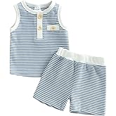 Kupretty Toddler Baby Boy Clothes 12 18 24 Month 2T 3T Summer Outfit Stripe Waffle Knit Sleeveless Vests Shirts Shorts Set