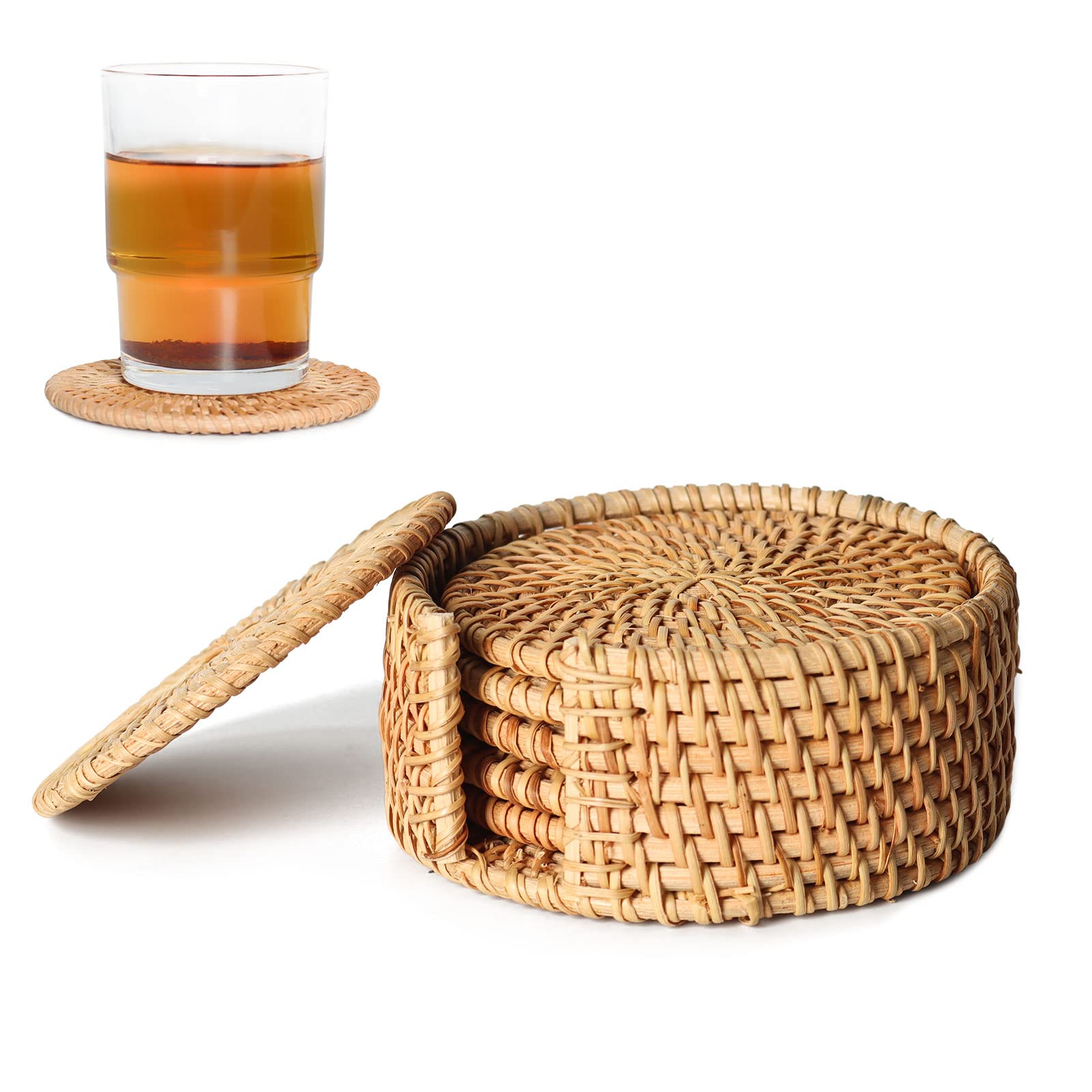 Ulable Set of 6 Rattan Weave Cup Mat Hand-Made Crafts Rattan Coasters Coasters for Drinks Home Decoration Holder for Kitchen Table Drinks (4 * 4 in)