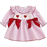 Toddler Girl Valentines Day Outfit Heart Embroidery Smocked Dress Long Sleeve Doll Collar Plaid Dresses Cute Clothes
