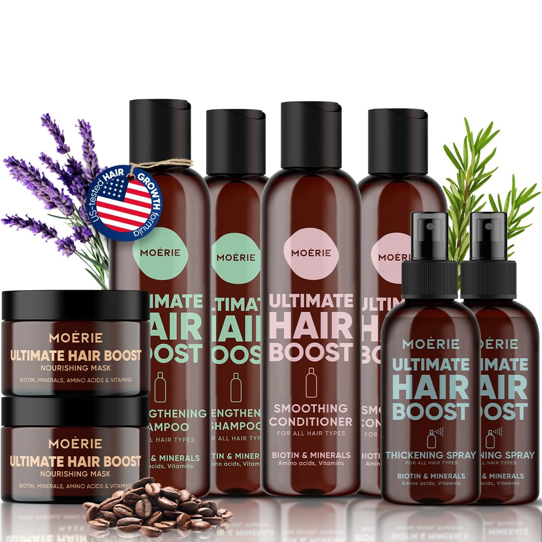 Moerie Mineral Shampoo and Conditioner Plus Hair Mask and Hair Spray Mega Pack – The Ultimate Hair Care Set – For Longer, Thicker, Fuller Hair - Vegan Hair Products – Paraben & Silicone Free 8 items