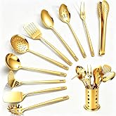 Stainless Steel Kitchen Utensils Set,11pcs Cooking Utensils Set with Holder | Gold Metal Kitchen Tool Set for Cooking with Turners, Potato Masher, Spatula, Spoons, Pasta, Tongs
