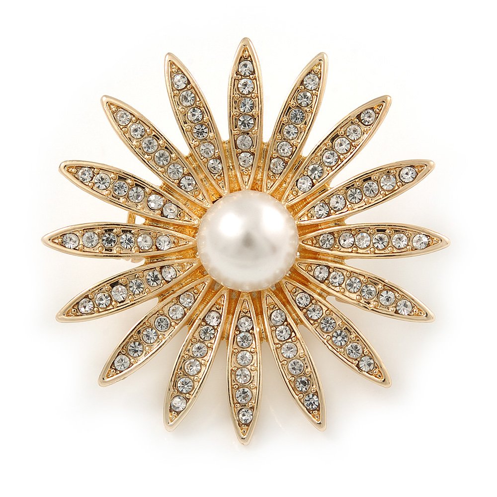 Gold Plated Clear Crystal Glass Pearl Flower Brooch - 40mm D