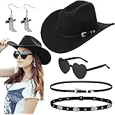 Zhamate 5 Pcs Western Cowboy Hat Set with Two Decorative Bands Earrings Heart-Shaped Sunglasses for Men Women Cosplay Party Black