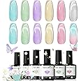 modelones Gel Nail Polish Set, 6 Colors Silver Cat Eye Gel Polish Translucent Pastel Sheer Pink Yellow Lavender Purple Baby Blue Mint Green Jelly Nail Polish W Magnet LED Easter Manicure DIY Gift
