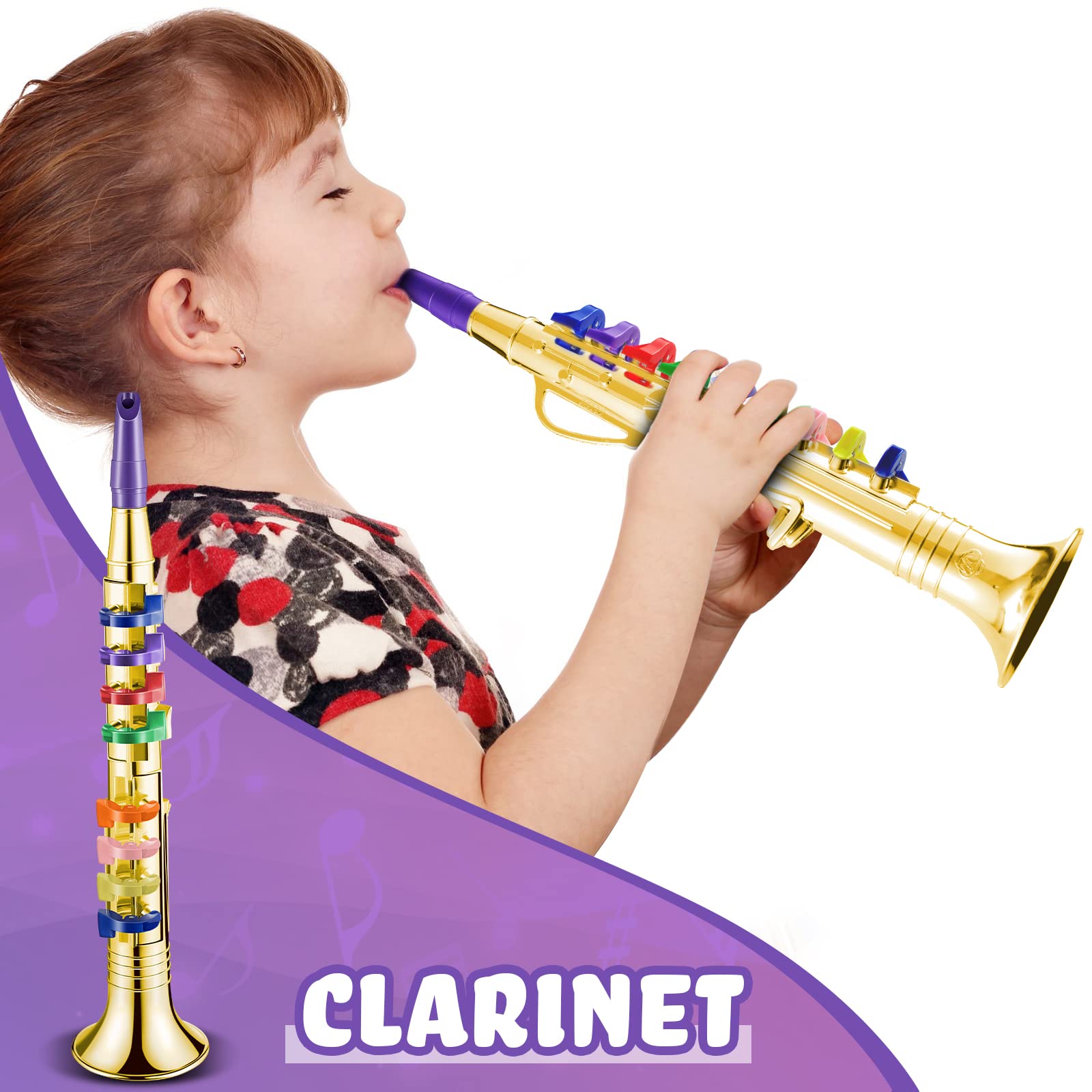 Lewtemi Set of 3 Saxophone for Kids Christmas Musical Instruments Toy Saxophone Toy Trumpet and Clarinet with 8 Colored Coded Keys Teaching Songs Gifts for Toddlers Children(Gold)