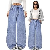 Nivne Tco Tween Girls Baggy Jeans Casual Elastic Waist & Zipper Fly Streetwear Wide Leg Denim Pants with Five Pockets