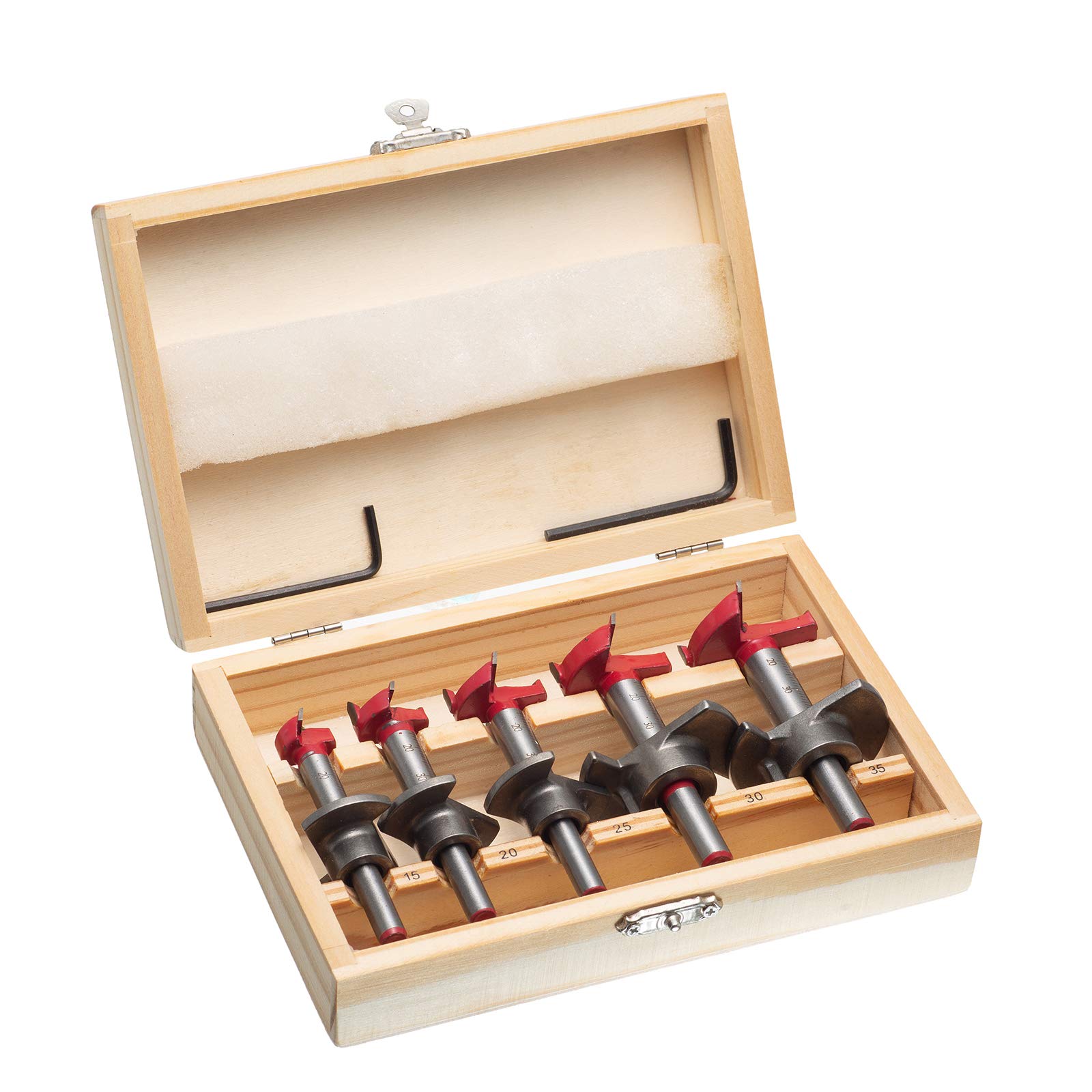 HPMAISON HSS Forstner Drill Bit, 5PCS 15-35mm Adjustable Positioning Drill Bit Set, Cemented Carbide Woodworking Hole Saw with Depth Stoper (Depth Range 10-40mm) Making Wood Hole Quickly & Precisely — image 1