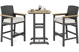MIXPATIO 3 Pieces Outdoor Bar Set, All-Weather Bistro Table and 2 Bar Stools with Wicker Backrest and Comfy Cushion, Outdoor Patio Bistro Height Table and Chairs Sets, for Deck, Backyard and Garden