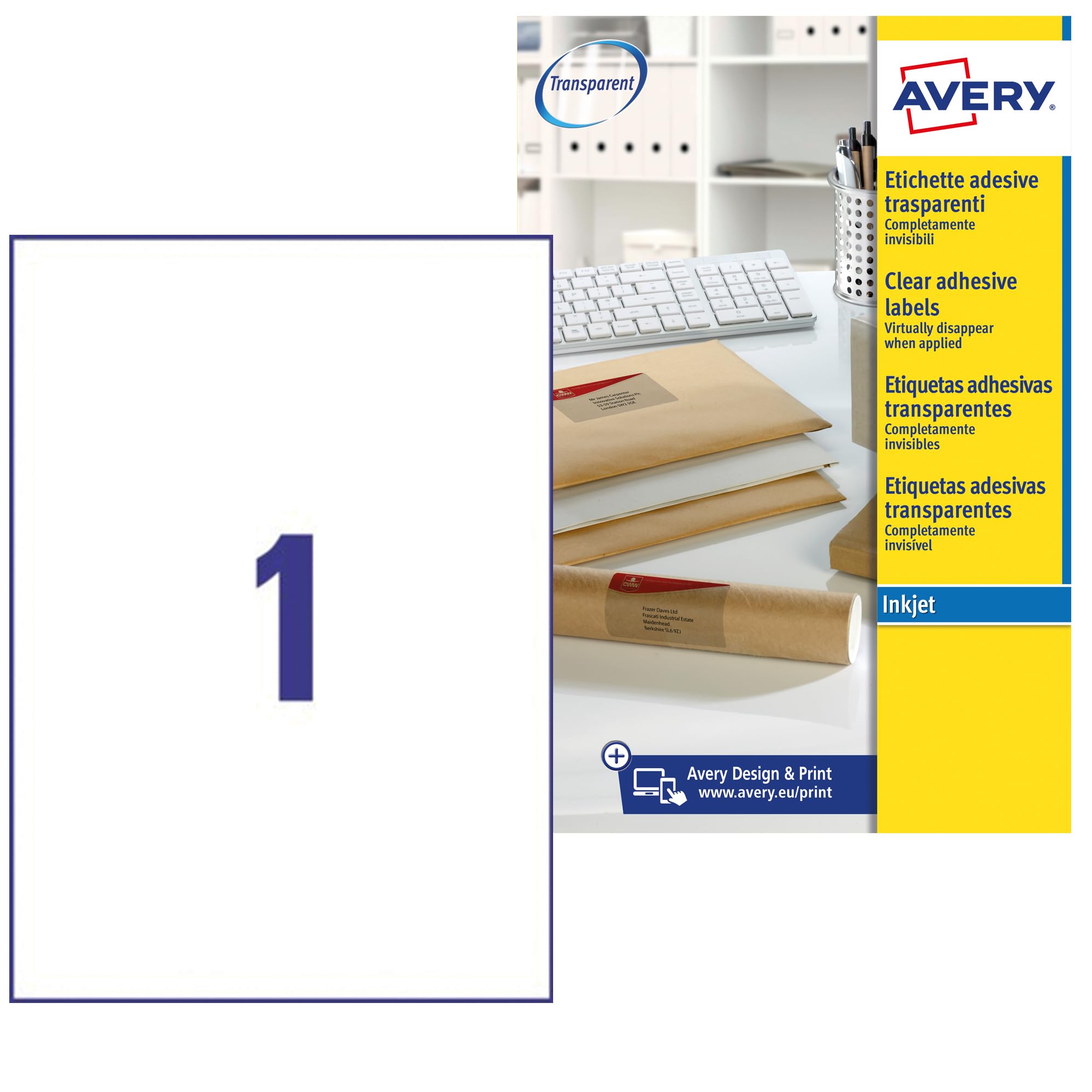 Avery Self Adhesive Clear Parcel Labels, Inkjet Printers, (A4 Sheets of 210 x 297 mm, 1 Label per A4 Sheet, 25 Sheets), 25 labels, QuickDRY (J8567)