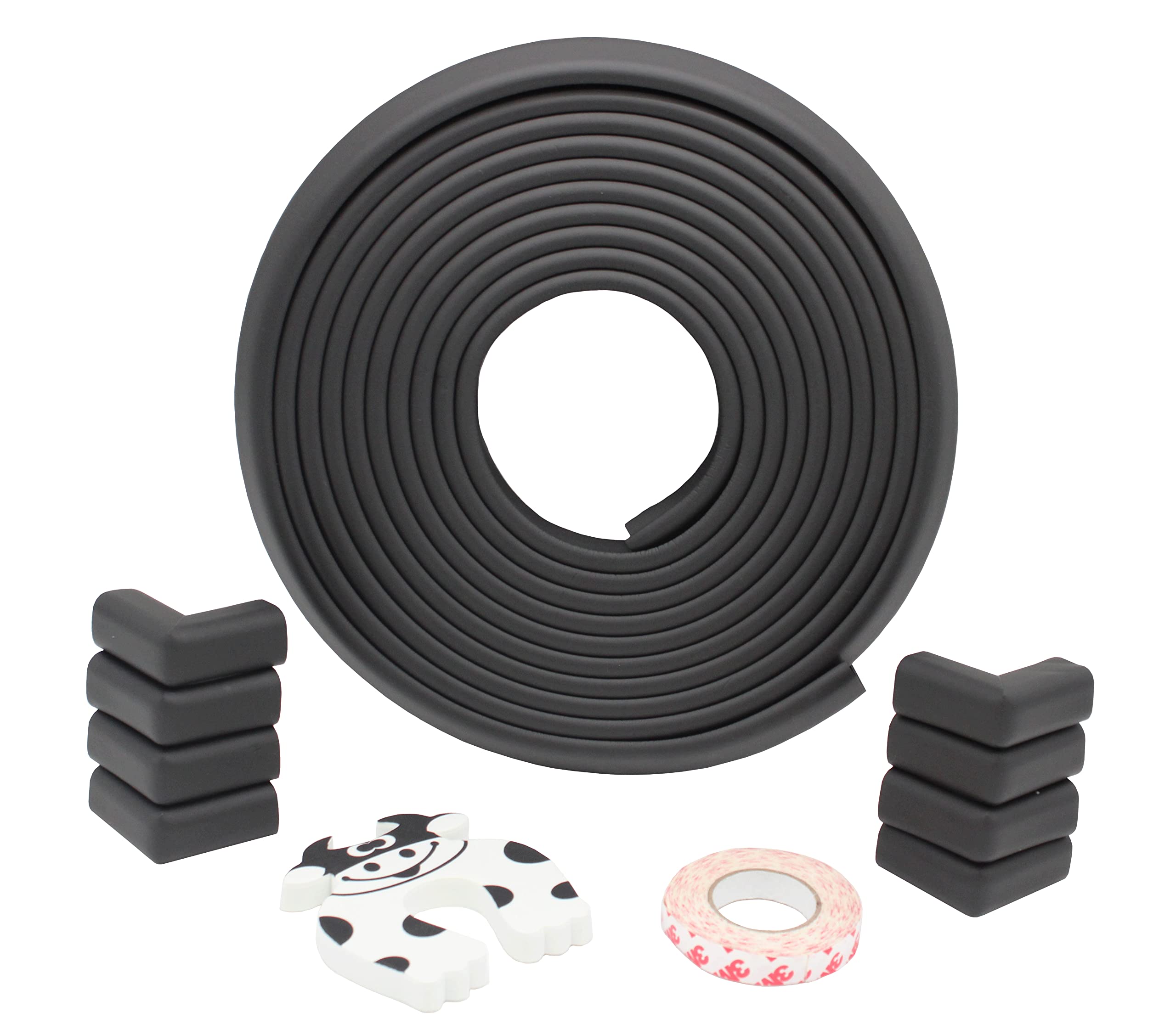 Child Proof Baby Proof Edge and Corner Guards with Door Stop | 6 Meters + 8 Corners | Furniture Edge Protection Safety Pack | Easy Installation and Long-Lasting | Non-Toxic, Black