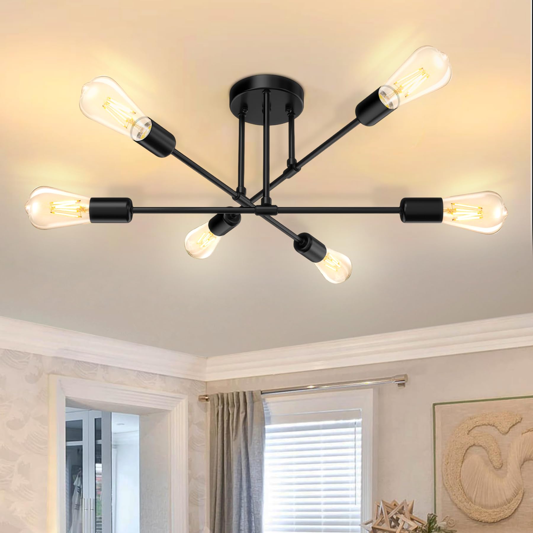 SERBASIC Sputnik Ceiling Light Ceiling Lights Fittings with E27 Base,Black Modern Chandelier for Farmhouse Kitchen Dining Room Bedroom Study Living Room(No Blub),Adjustable 6 Light