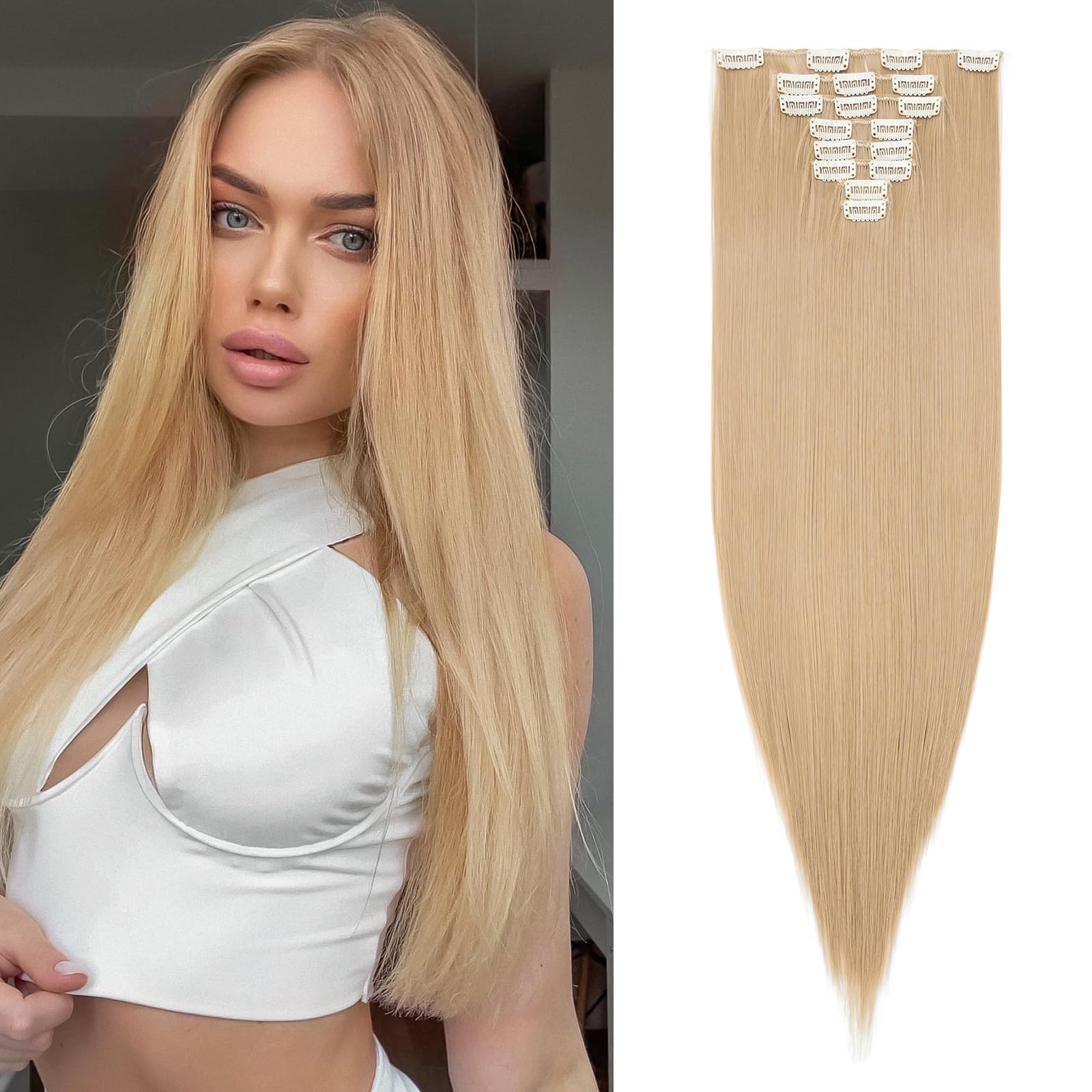 23" Long Straight Clip in Hair Extensions Full Head 8Pcs 18Clips Ombre Colorful Synthetic Hair Clip in Hairpiece Ash Blonde