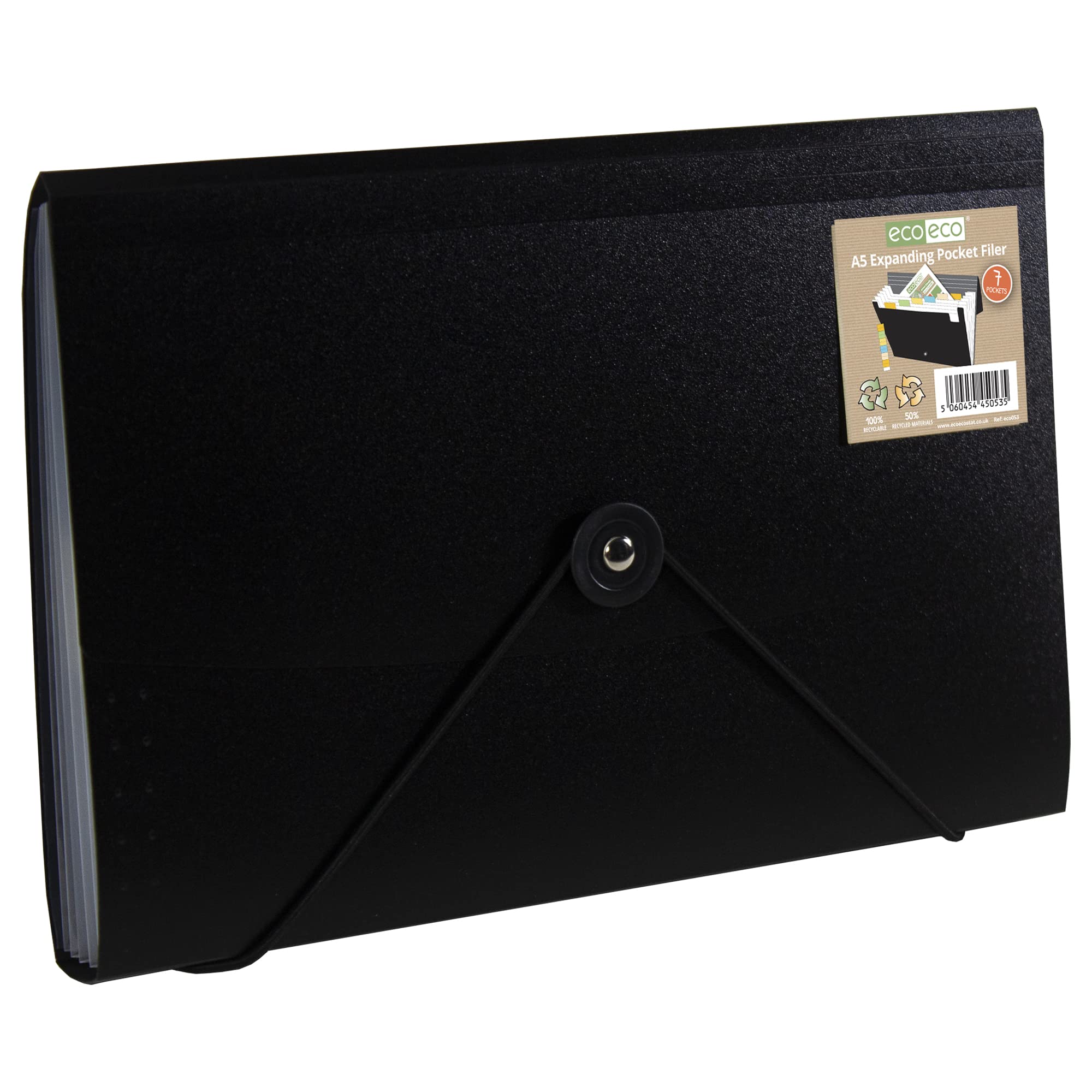 eco-eco A5 50% Recycled 7 Clear Pocket Black Cover Expanding File Receipt, Bills, Cards Organiser - Document Folder - Colour Index Tabs