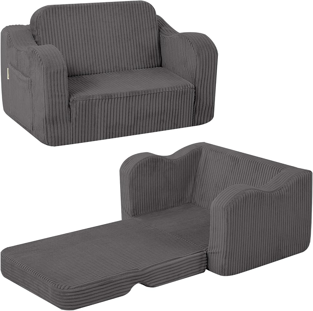 MeMoreCool Corduroy Kids Couch Sofa Folding Toddler Chair Bed Grey