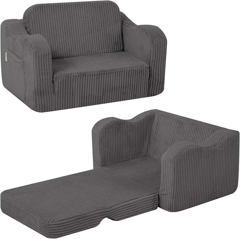MeMoreCool Corduroy Kids Couch Sofa Folding Toddler Chair Bed Grey