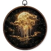 MOTERMATE Dark Academia Moon Wall Art Decor Round Framed, Golden Moon Cloud Canvas Wall Art Artwork Prints, Moody Whimsical Celestial Hanging Decor Decorations for Home Bedroom Living Room, 10x10 Inch
